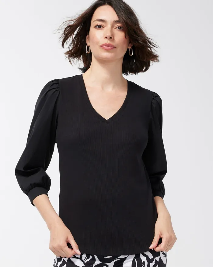 Chico039s Rib Mix VNeck Top Black Women Tops