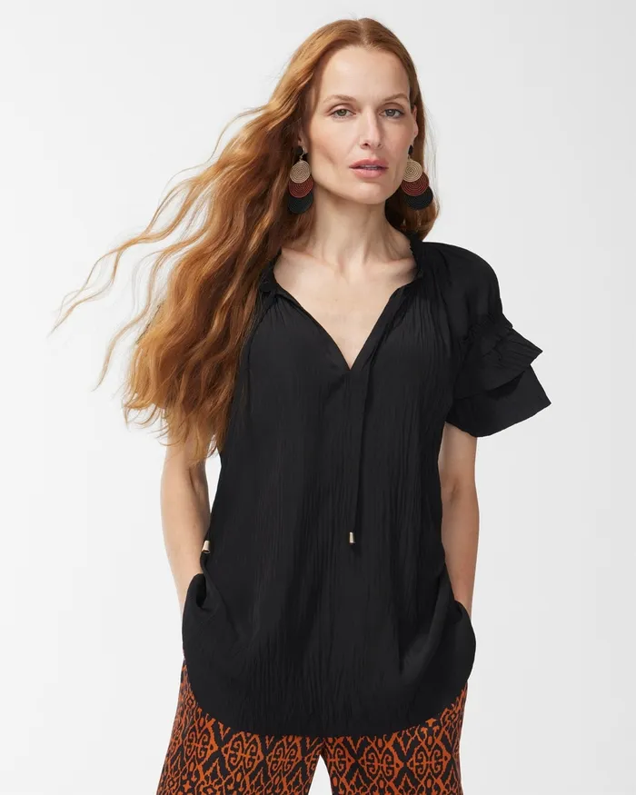 Chico039s Ruffle Sleeve Blouse Black Women Tops