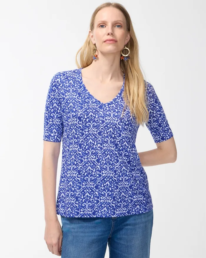 Chico039s Shirred Back Cool Tile Linen Tee Blue Grotto Women Tees