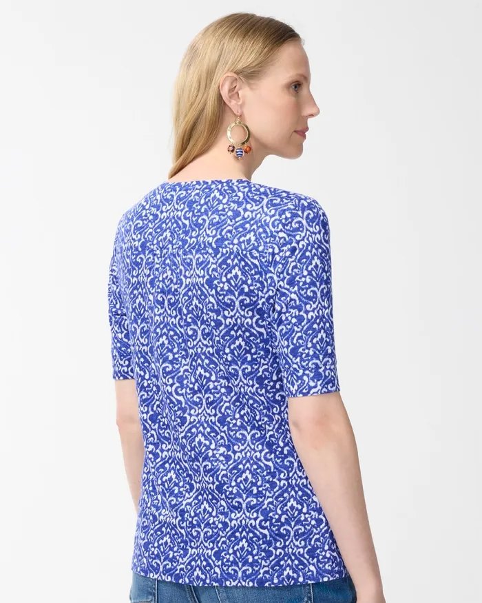 Chico039s Shirred Back Cool Tile Linen Tee Blue Grotto Women Tees