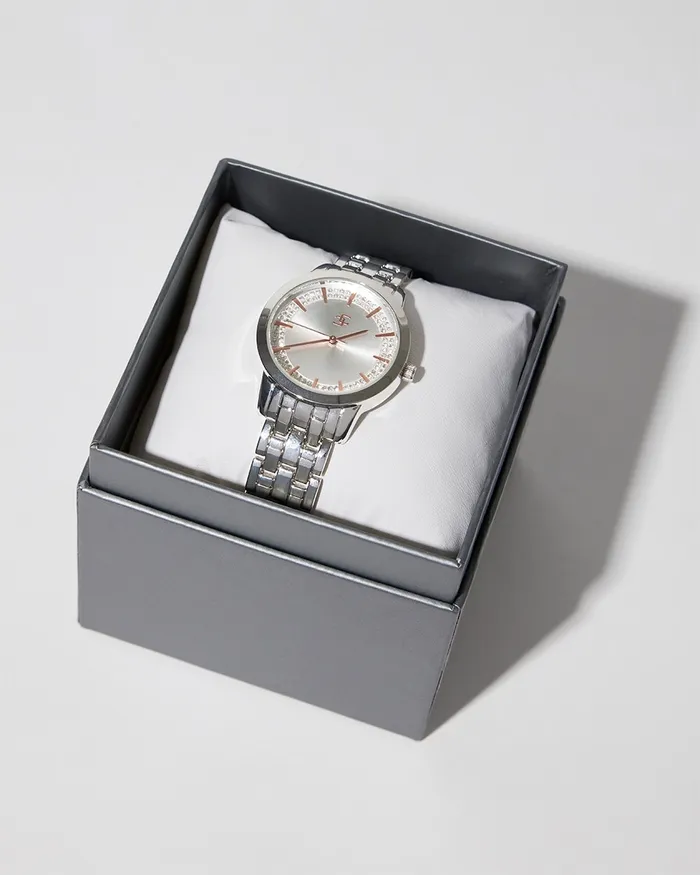 Chico039s Silvertone Metal Watch With Glitz Face Silver Women Watches