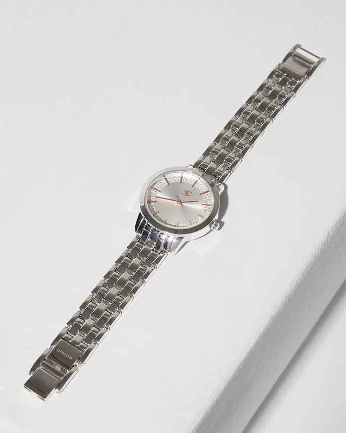 Chico039s Silvertone Metal Watch With Glitz Face Silver Women Watches