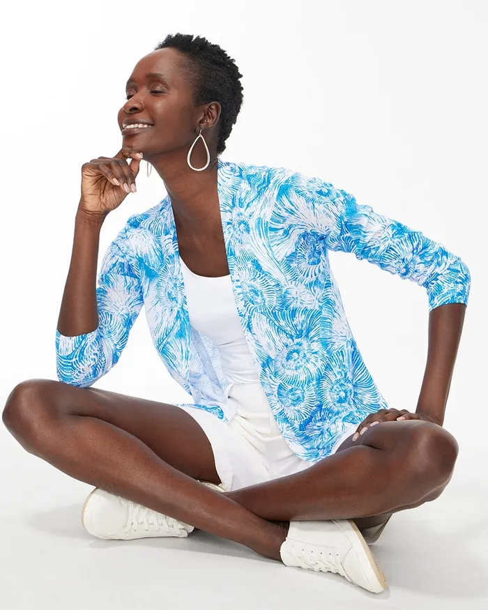 Chico039s Summer Romance Shell Topper Poolside Blue Women Sweaters