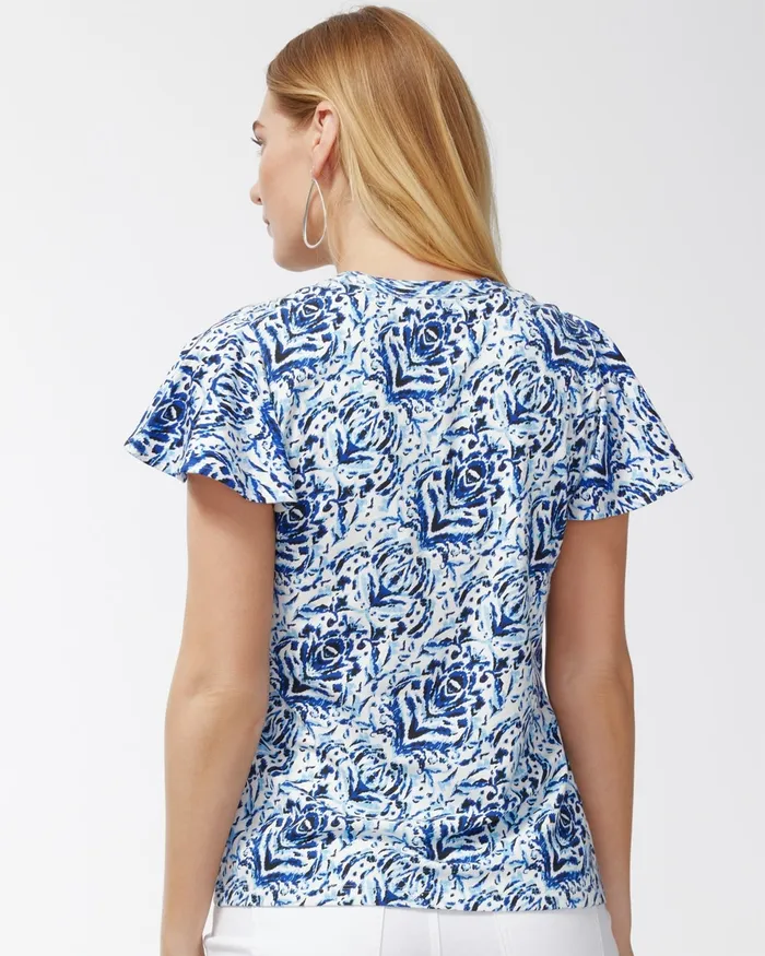 Chico039s Touch Of Cool Ikat Flutter Sleeve Tee Blue Grotto Women Tops