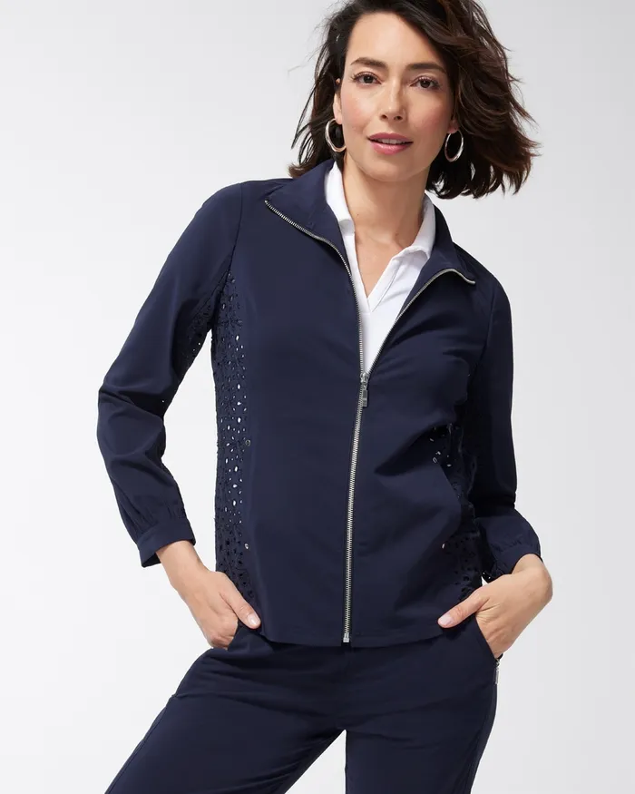 Chico039s Zenergy Neema Navy Eyelet Jacket Classic Navy Women Matching Sets