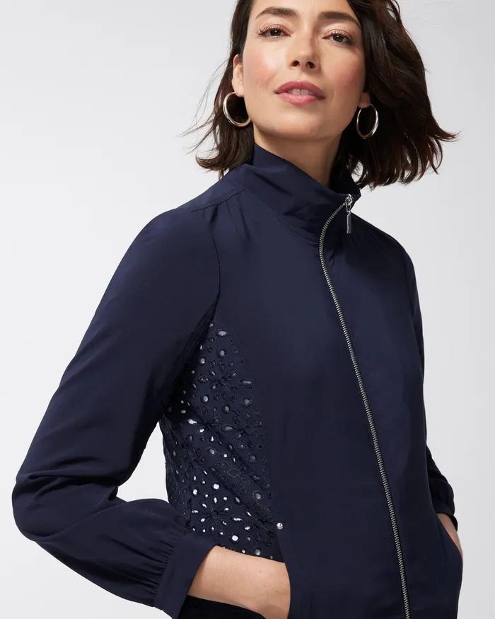 Chico039s Zenergy Neema Navy Eyelet Jacket Classic Navy Women Matching Sets