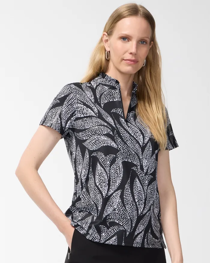 Chico039s Zenergy UPF Foliage Ruffle Neck Polo Black Women Tops