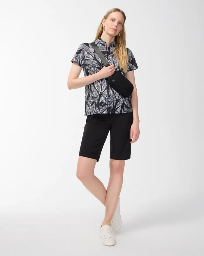 Chico039s Zenergy UPF Foliage Ruffle Neck Polo Black Women Tops