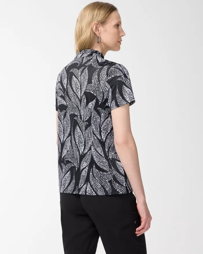 Chico039s Zenergy UPF Foliage Ruffle Neck Polo Black Women Tops