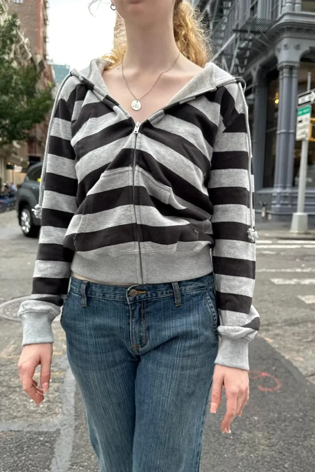 Christy Striped Hoodie Black Grey Stripes Women Brandy Melville Sweatpants and Sweatshirts