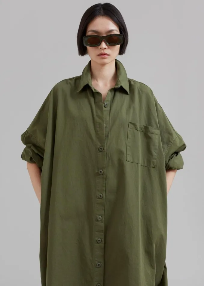 Clothing Women The Frankie Shop Kason Oversized Shirt Dress 8211 Dark Olive