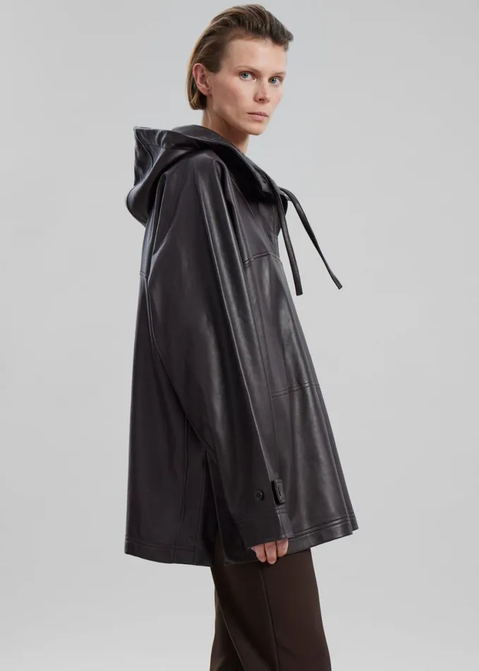 Clothing Women The Frankie Shop Kevin Leather Hooded Overshirt 8211 Brown
