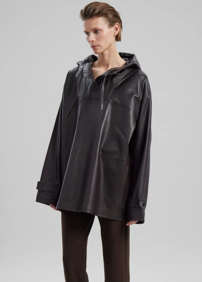Clothing Women The Frankie Shop Kevin Leather Hooded Overshirt 8211 Brown