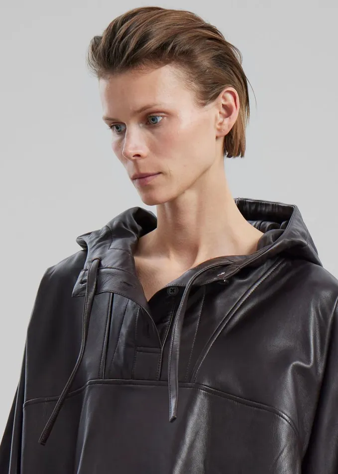 Clothing Women The Frankie Shop Kevin Leather Hooded Overshirt 8211 Brown