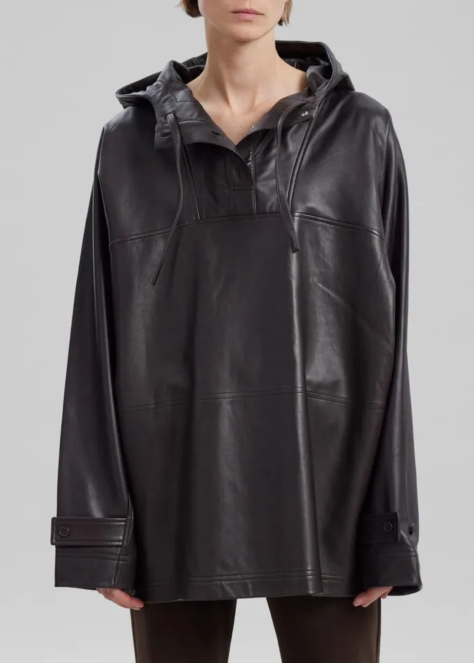 Clothing Women The Frankie Shop Kevin Leather Hooded Overshirt 8211 Brown