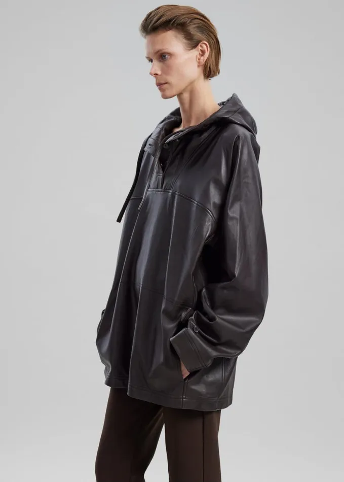 Clothing Women The Frankie Shop Kevin Leather Hooded Overshirt 8211 Brown