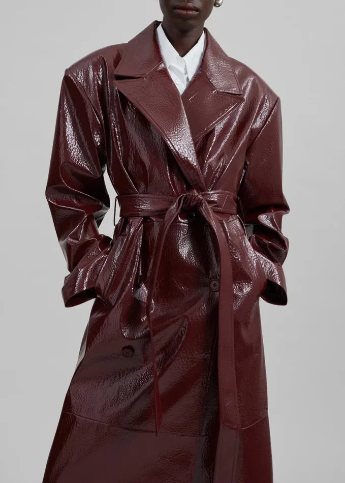 Clothing Women The Frankie Shop Tina Crackled Faux Leather Trench Coat 8211 Burgundy