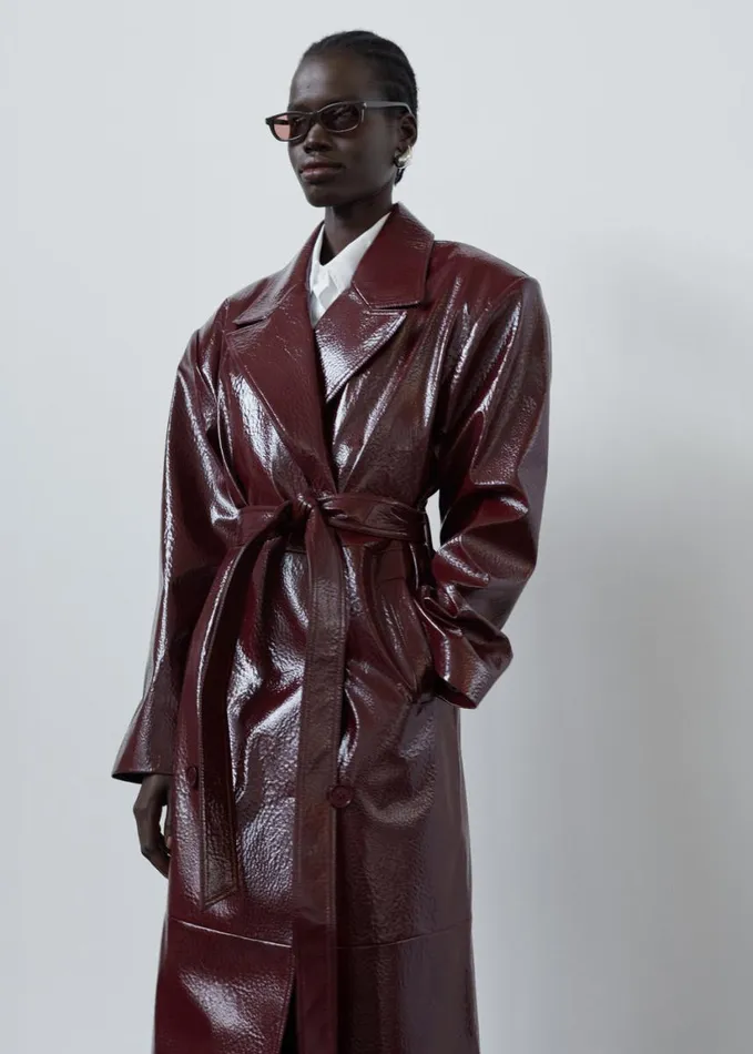 Clothing Women The Frankie Shop Tina Crackled Faux Leather Trench Coat 8211 Burgundy