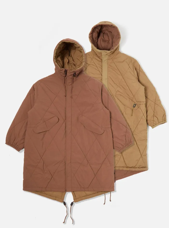 Coats and Outerwear Men Universal Works Universal Works Reversible Diamond Quilt Parka In Brown Recycled Nylon Coats and Outerwear Men Universal Works Universal Works Reversible Diamond Quilt Parka In Brown Recycled Nylon