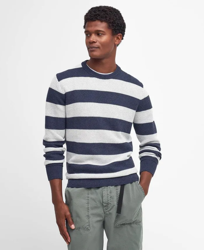 Craster Striped Crew Neck Jumper Classic Navy Men Barbour Jumpers