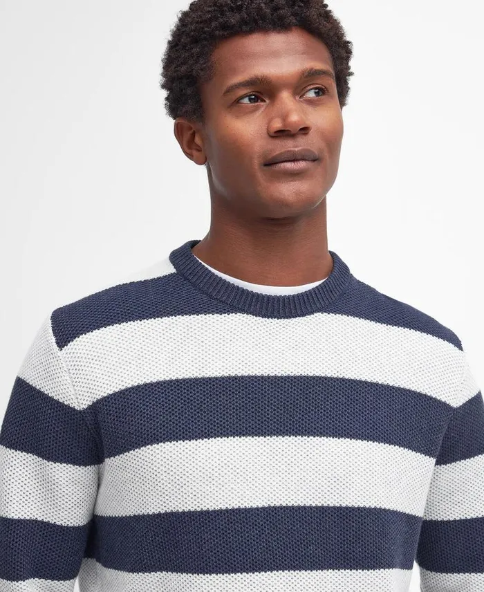 Craster Striped Crew Neck Jumper Classic Navy Men Barbour Jumpers