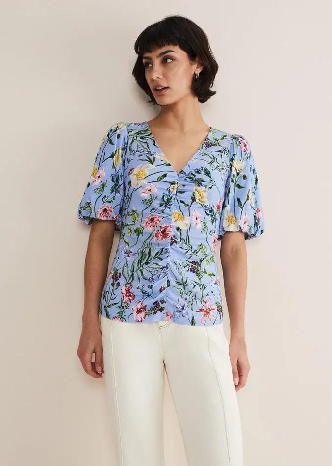 Donda Floral Ruched Top Bluemulti Women Phase Eight Tops and TShirts