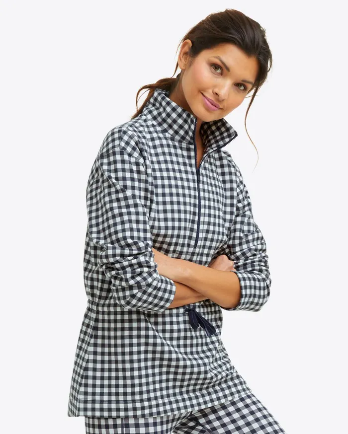 Draper James Cinch Waist QuarterZip In Navy Gingham Women Sweaters