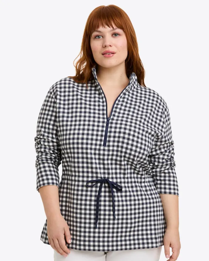 Draper James Cinch Waist QuarterZip In Navy Gingham Women Sweaters