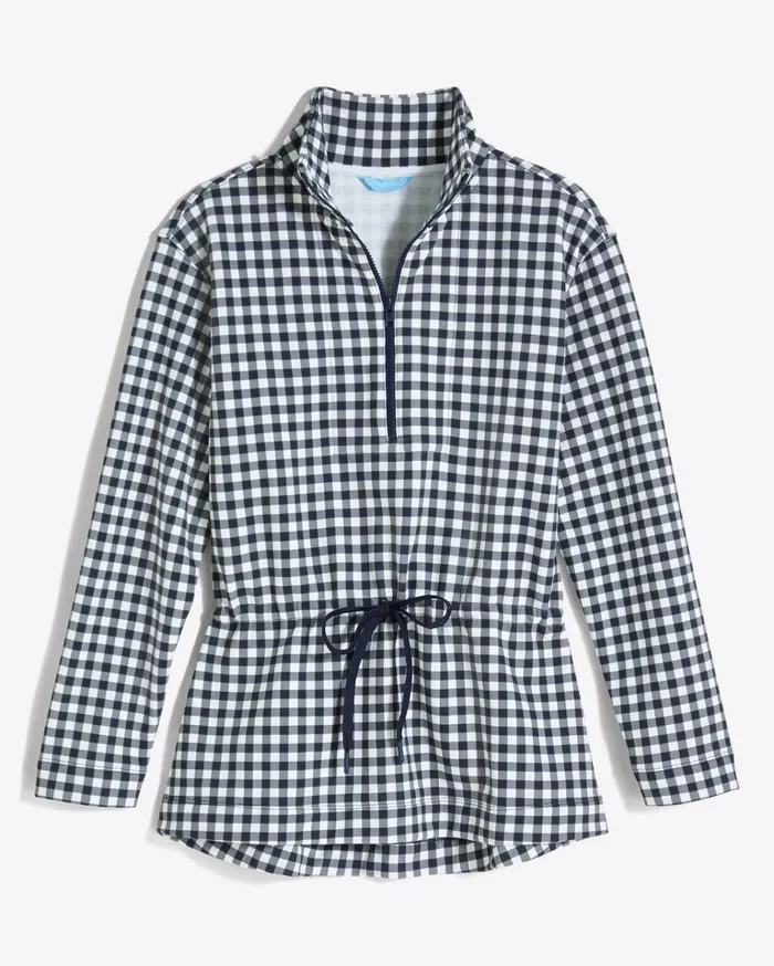 Draper James Cinch Waist QuarterZip In Navy Gingham Women Sweaters