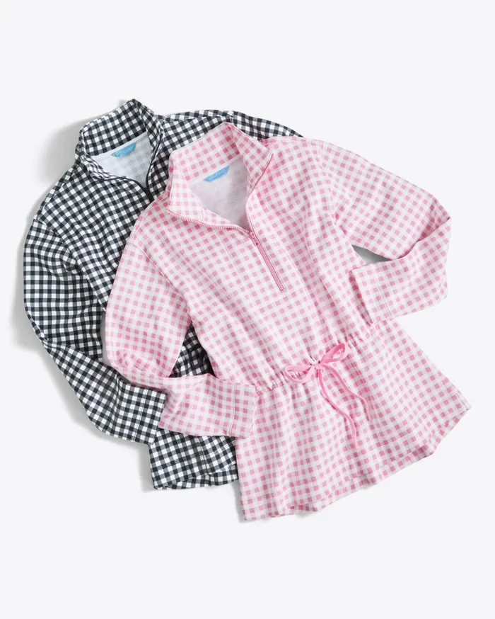 Draper James Cinch Waist QuarterZip In Navy Gingham Women Sweaters