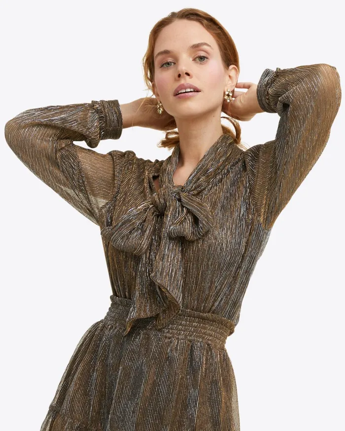 Draper James Tie Neck Top In Lurex Pliss Women Tops