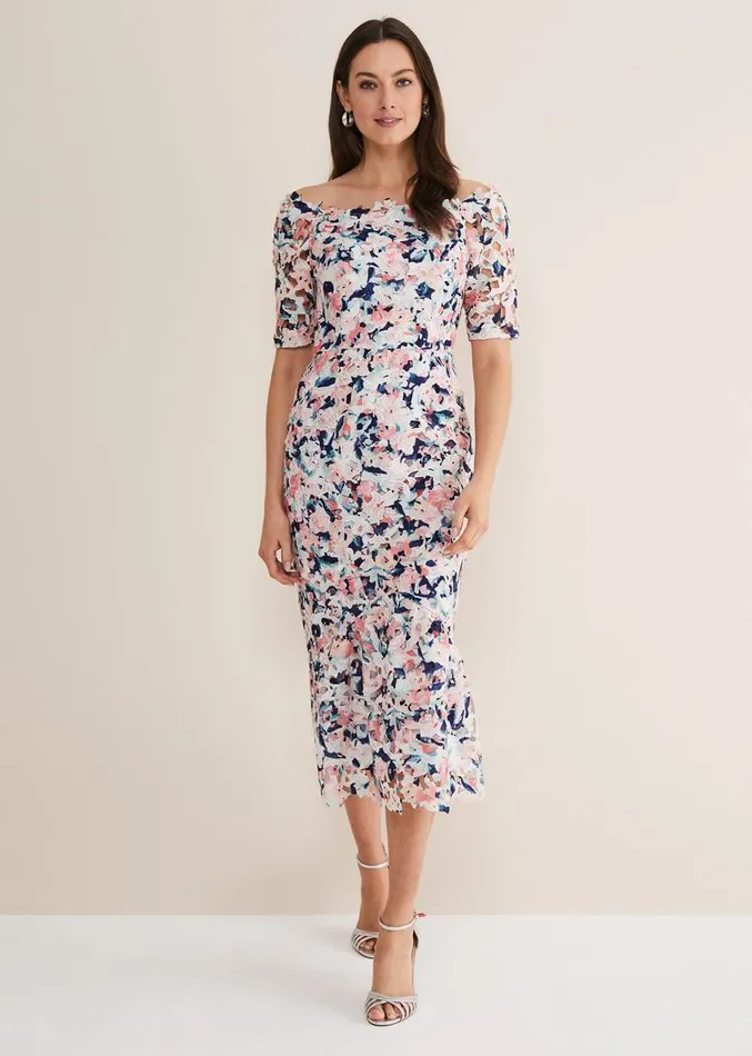 Elara Floral Bardot Bodycon Midi Dress Multicoloured Women Phase Eight Dresses