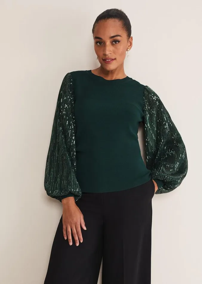 Everley Sequin Sleeve Top Dark Green Women Phase Eight Knitwear