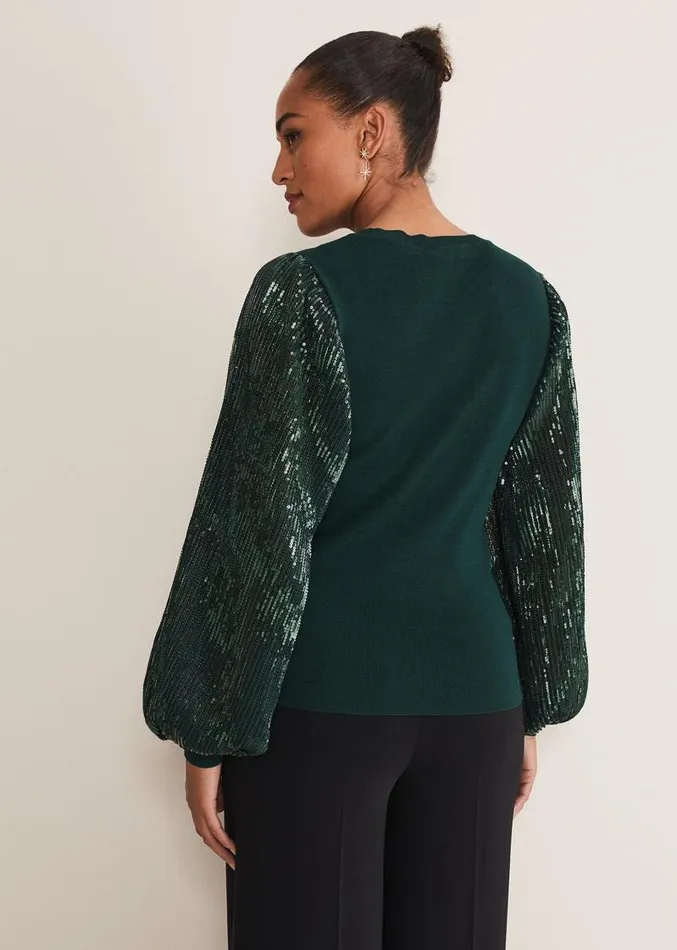 Everley Sequin Sleeve Top Dark Green Women Phase Eight Knitwear