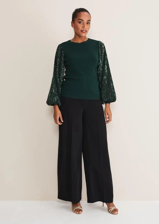 Everley Sequin Sleeve Top Dark Green Women Phase Eight Knitwear