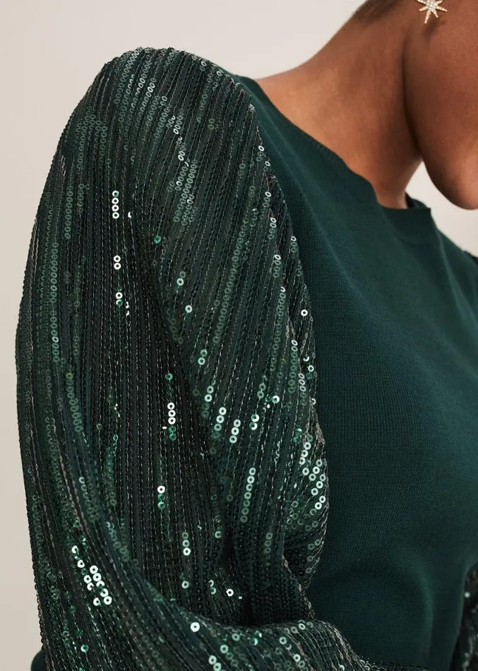 Everley Sequin Sleeve Top Dark Green Women Phase Eight Knitwear
