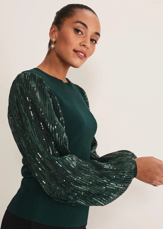 Everley Sequin Sleeve Top Dark Green Women Phase Eight Knitwear