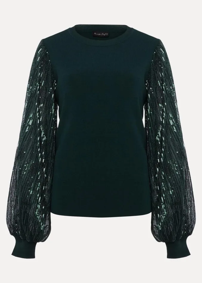 Everley Sequin Sleeve Top Dark Green Women Phase Eight Knitwear