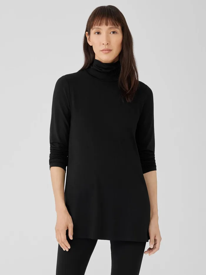 Fine Jersey Scrunch Neck Long Top Black Women Eileen Fisher Tops and Tees