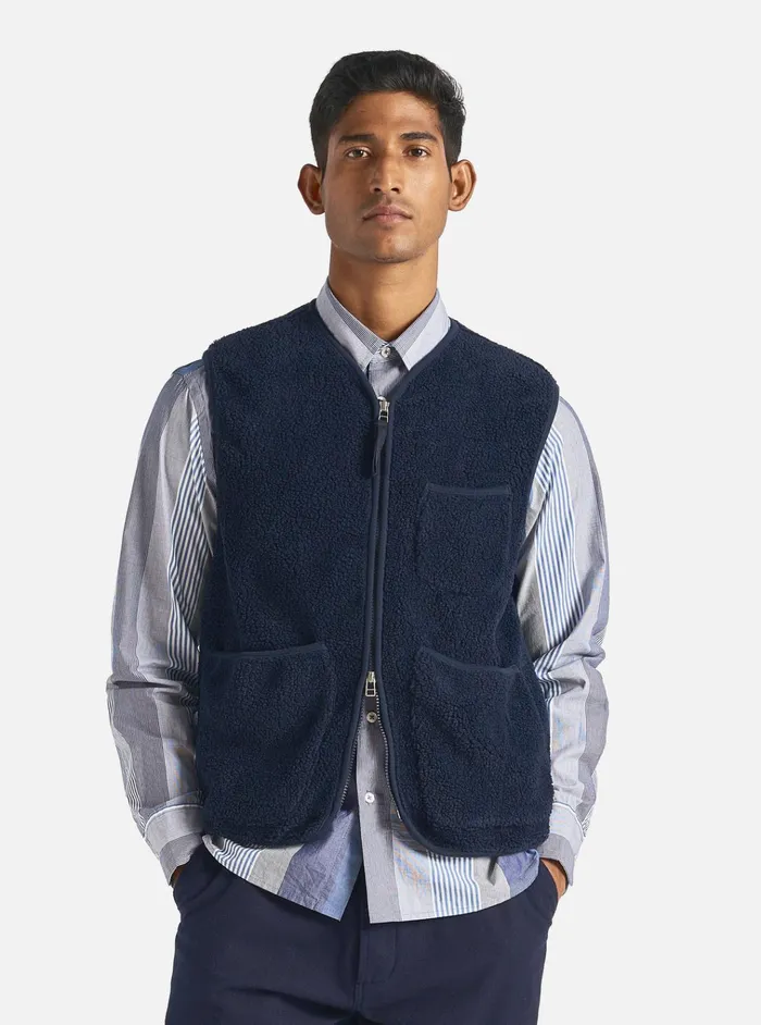Fleece Men Universal Works Universal Works Zip Gilet In Navy Mountain Fleece