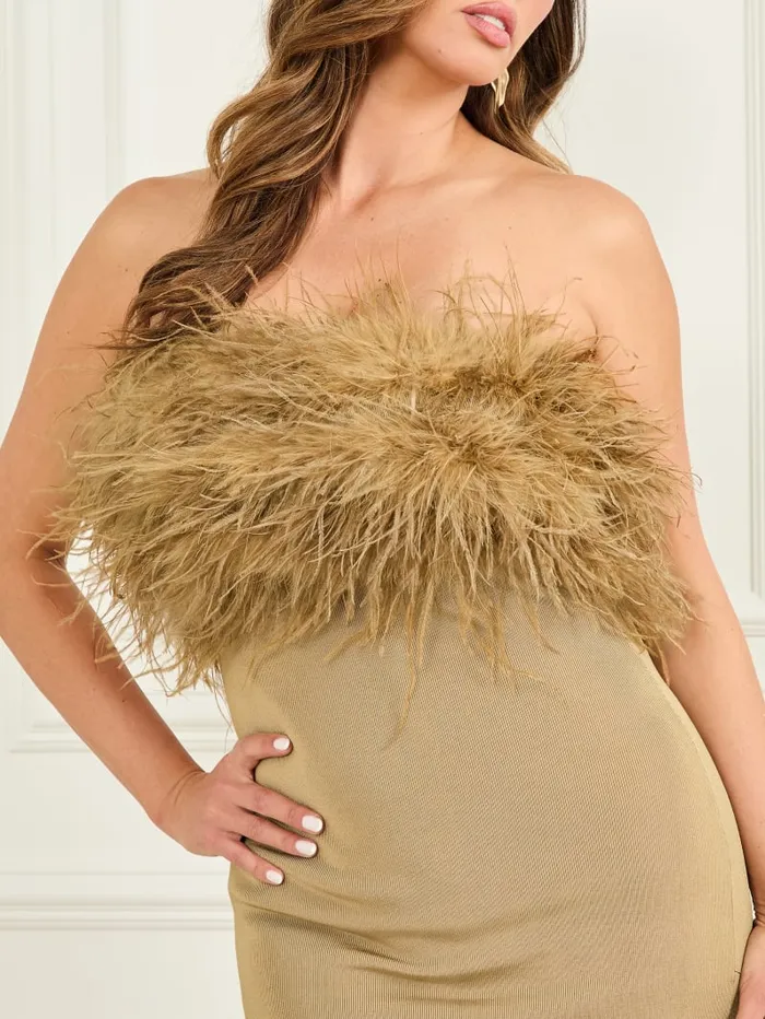 GUESS Dresses and Jumpsuits Evita Feather Bandage Gown Beige 8211 Women
