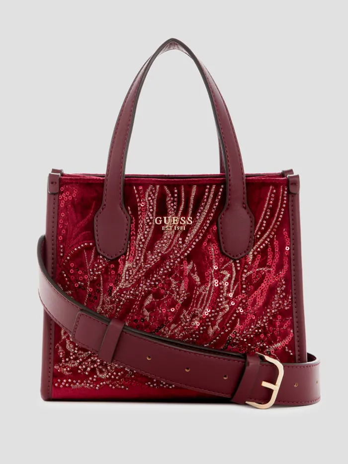 GUESS Handbags Silvana Velvet Mini Tote Red 8211 Women