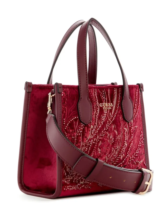 GUESS Handbags Silvana Velvet Mini Tote Red 8211 Women