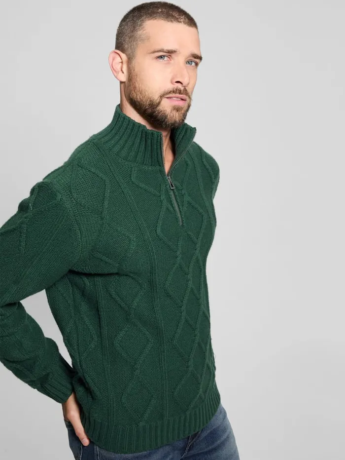 GUESS Hoodies and Sweaters Diamond CableKnit HalfZip Sweater Green 8211 Men