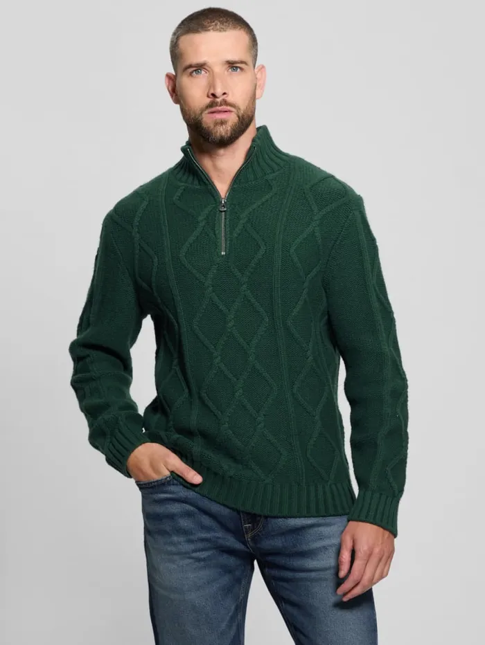 GUESS Hoodies and Sweaters Diamond CableKnit HalfZip Sweater Green 8211 Men