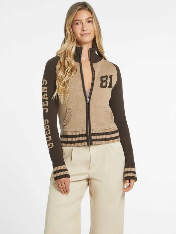 GUESS Hoodies and Sweaters WoolBlend Varsity Logo Zip Sweater Beige 8211 Women