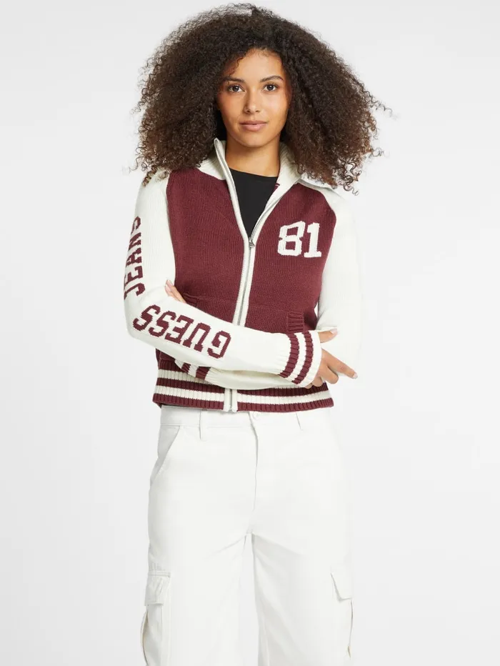 GUESS Hoodies and Sweaters WoolBlend Varsity Logo Zip Sweater Beige 8211 Women