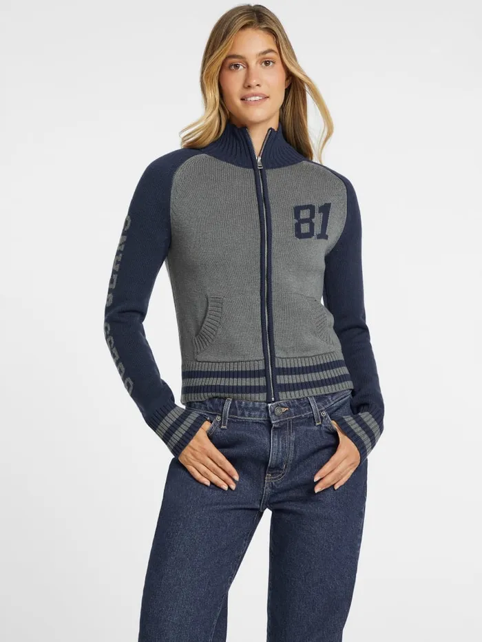 GUESS Hoodies and Sweaters WoolBlend Varsity Logo Zip Sweater Beige 8211 Women