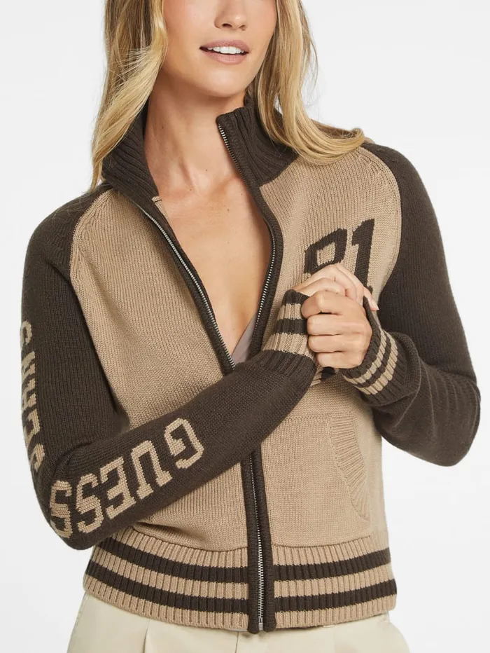 GUESS Hoodies and Sweaters WoolBlend Varsity Logo Zip Sweater Beige 8211 Women