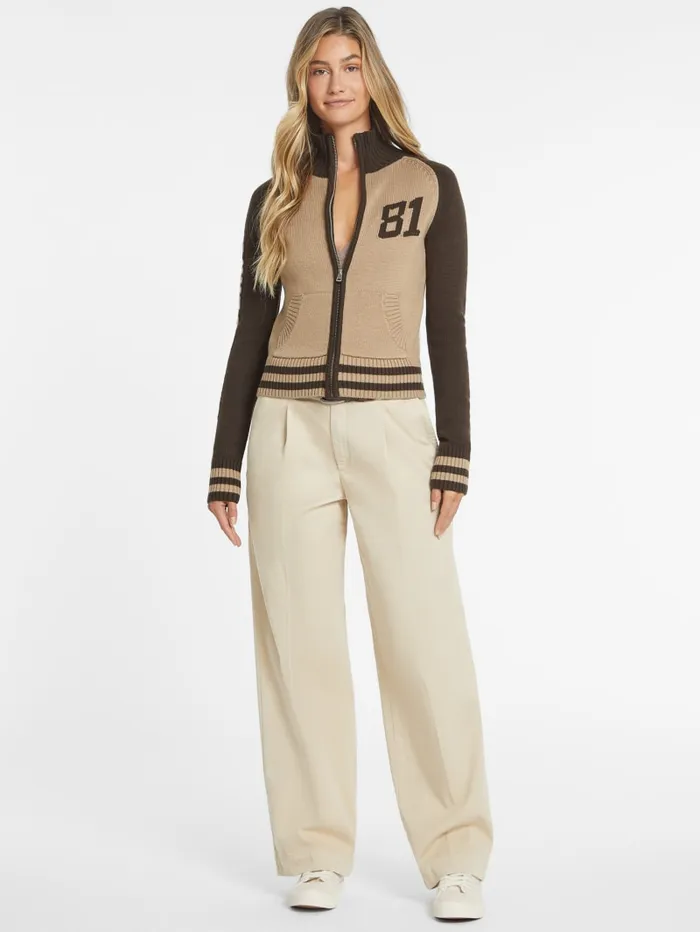 GUESS Hoodies and Sweaters WoolBlend Varsity Logo Zip Sweater Beige 8211 Women